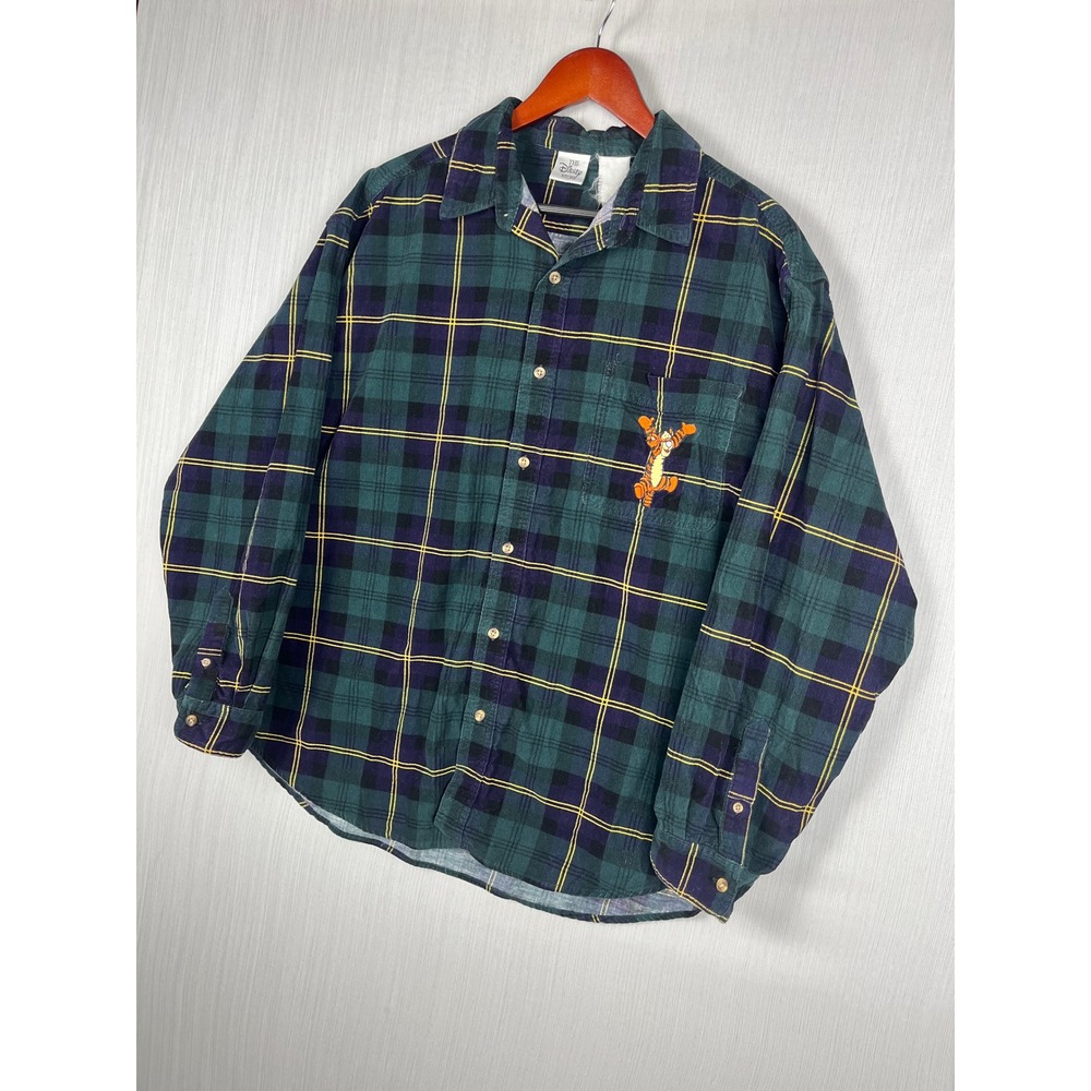 VTG 90s Disney Tigger Button Down Mens L Green Plaid Corduroy Shirt